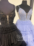 Spaghetti Straps Appliqued Bodice Layered Tulle Ball Gown Ruffle Prom Dress ARD3044-SheerGirl