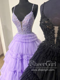 Spaghetti Straps Appliqued Bodice Layered Tulle Ball Gown Ruffle Prom Dress ARD3044-SheerGirl