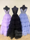 Spaghetti Straps Appliqued Bodice Layered Tulle Ball Gown Ruffle Prom Dress ARD3044-SheerGirl