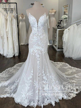 Spaghetti Straps Deep V Neck Mermaid Wedding Dress with Shaped Chapel Train AWD1982-SheerGirl