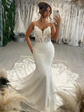 Spaghetti Straps See-through Bodice Mermaid Wedding Dresses with Lace Appliqued AWD2404-SheerGirl