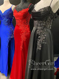 Sparkly Appliqued Satin Sparkly Prom Gown Simple Prom Dress Long Party Dress with High Slit ARD3076-SheerGirl