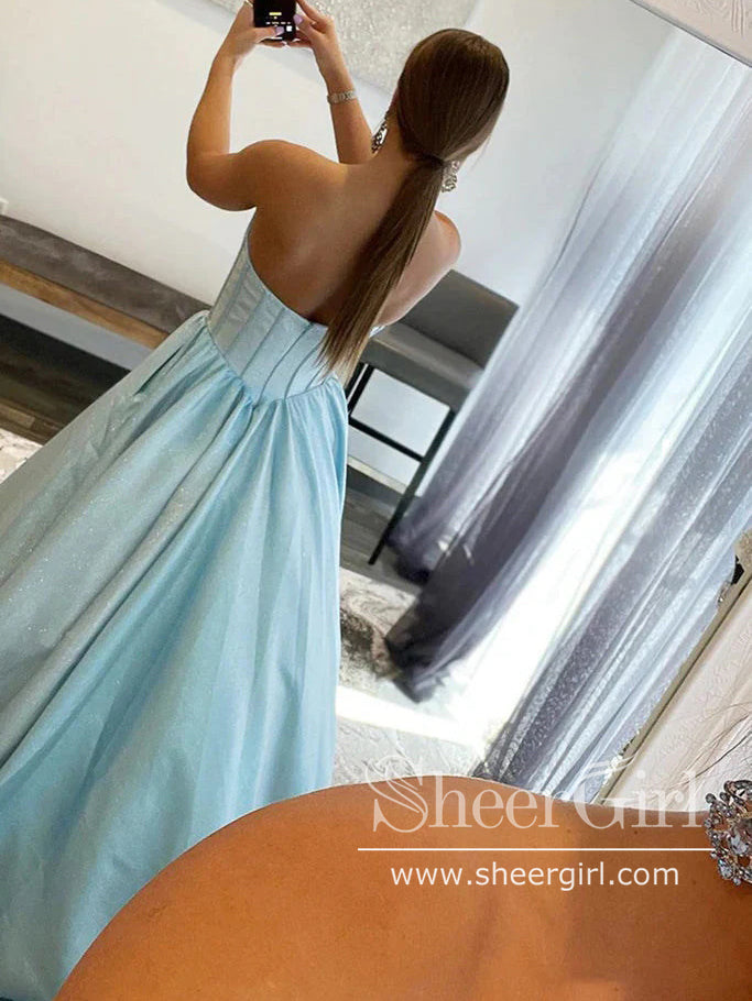 Sparkly Blue Long Prom Dresses with Pocket Shiny Princess Ball Gown ARD3041-SheerGirl