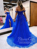 Sparkly Off the Shoulder Royal Blue Ball Gown Long Prom Dress ARD3052-SheerGirl
