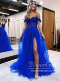 Sparkly Off the Shoulder Royal Blue Ball Gown Long Prom Dress ARD3052-SheerGirl
