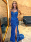 Sparkly Royal Blue Prom Dress Mermaid Prom Gown with High Slit ARD3020