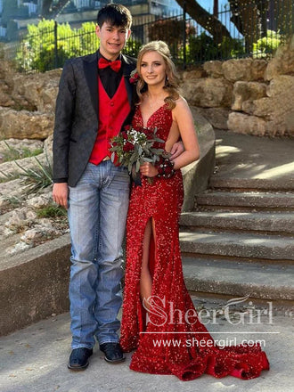 Sparkly Sequins Mermaid Prom Dress V Neck Prom Gown with High Slit ARD3023-SheerGirl