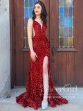 Sparkly Sequins Mermaid Prom Dress V Neck Prom Gown with High Slit ARD3023-SheerGirl