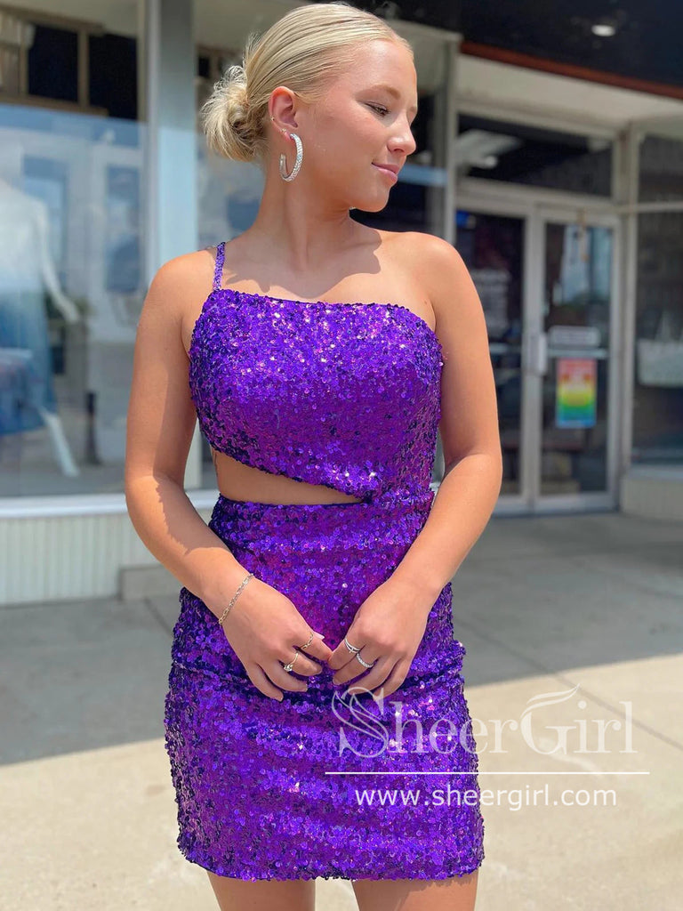 Sparkly Sequins Single Shoulder Mini Prom Dress Purple Homecoming Dress ARD3000-SheerGirl