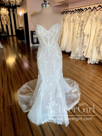 Sparkly Strapless Bridal Dress Sweetheart Neck Sequins Lace Mermaid Wedding Dress AWD2018-SheerGirl