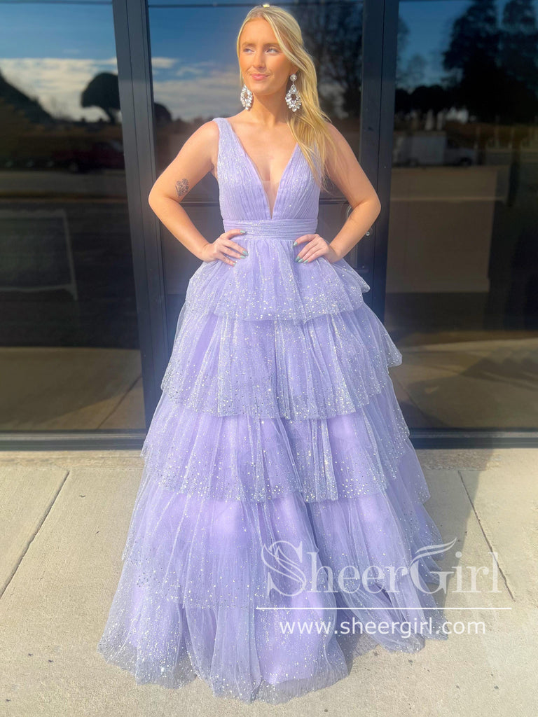Sparkly Tiered Tulle V Neck Ball Gown Party Dress Lavender Prom Dress with Rhinestones-SheerGirl