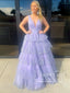 Sparkly Tiered Tulle V Neck Ball Gown Party Dress Lavender Prom Dress with Rhinestones
