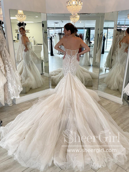 Strapless Embroidered Tulle Mermaid Wedding Dress with Cathedral