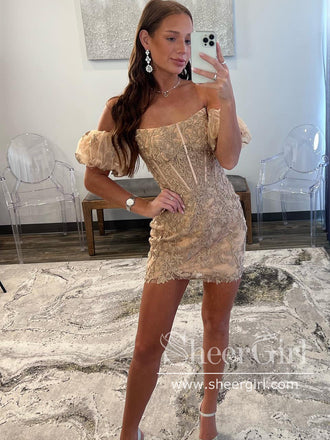 Strapless Floral Lace Short Prom Dress Puff Sleeves Mini Homecoming Dress ARD2982-SheerGirl