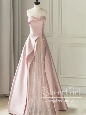 Strapless Light Pink Long Prom Dresses with Dots Tulle Ball Gown Party Dress ARD3074-SheerGirl