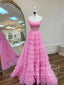 Růžové třpytivé tylové společenské šaty vrstvené společenské šaty Srdíčkový výstřih na ples ARD2894 
