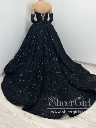 Strapless Sequins Lace Ball Gown Sweetheart Neck Long Prom Dress with Sweep Train ARD2934-SheerGirl