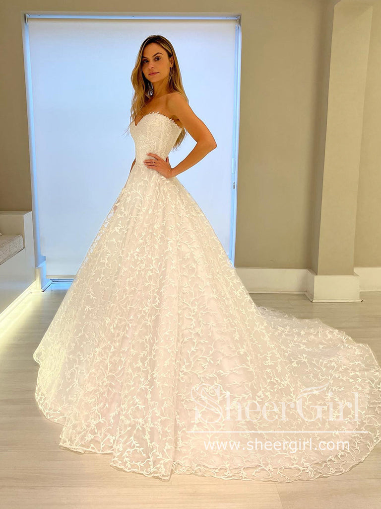Strapless Sweetheart Neck Ball Gown Wedding Dress Vine Lace Wedding Gown AWD1976-SheerGirl