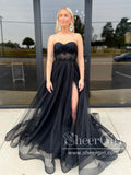 Strapless Sweetheart Neck Party Dress Sparkly Black Prom Dress with High Slit ARD3047-SheerGirl