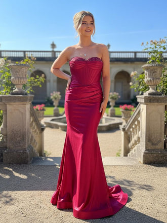 Strapless Sweetheart Neck Sheath Long Burgundy Prom Dresses with Train ARD3190-SheerGirl