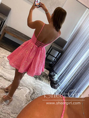 Strips Sequins Lace A Line Sparkly Short Prom Dress Backless Homecoming Dress ARD3154-SheerGirl