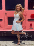 Strips Sequins Lace A Line Sparkly Short Prom Dress Backless Homecoming Dress ARD3154-SheerGirl