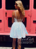 Strips Sequins Lace A Line Sparkly Short Prom Dress Backless Homecoming Dress ARD3154-SheerGirl