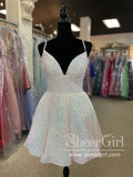 Strips Sequins Lace A Line Sparkly Short Prom Dress Backless Homecoming Dress ARD3154-SheerGirl