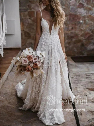 Stunning Floral Appliques Wedding Gown Sweetheart Neck Boho Wedding Dresses AWD1998-SheerGirl