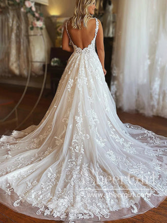 Stunning Illusion Sweetheart Neck A Line Wedding Dress Tulle Bridal Gown with Pockets AWD2028-SheerGirl