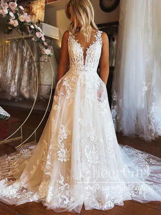 Stunning Illusion Sweetheart Neck A Line Wedding Dress Tulle Bridal Gown with Pockets AWD2028-SheerGirl