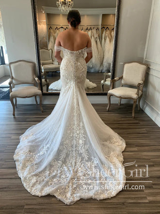 Stunning Off the Shoulder Soft Tulle Mermaid Bridal Gown with Delicated Lace Boho Wedding Dress AWD1967-SheerGirl