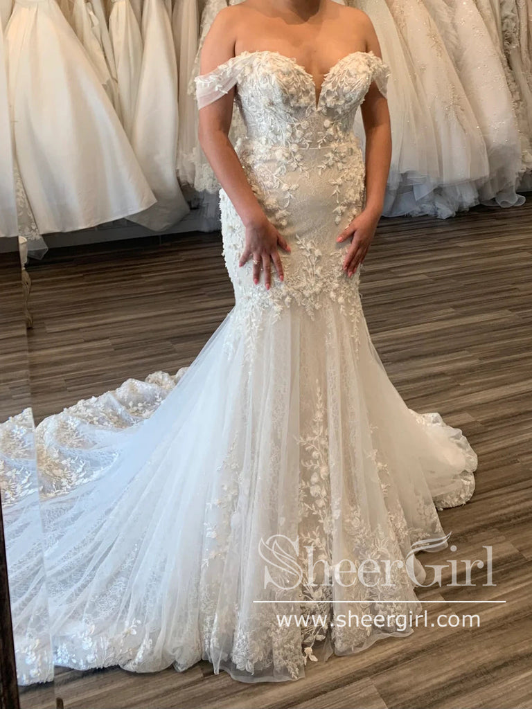 Stunning Off the Shoulder Soft Tulle Mermaid Bridal Gown with Delicated Lace Boho Wedding Dress AWD1967-SheerGirl