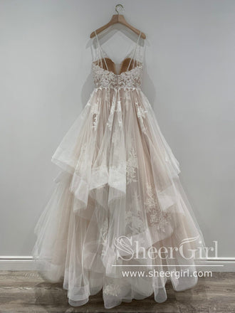 Sweetheart Neck Floral Lace Tulle Bridal Ball Gown Layered Floor Length Wedding Dress AWD1968-SheerGirl