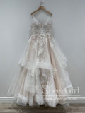 Sweetheart Neck Floral Lace Tulle Bridal Ball Gown Layered Floor Length Wedding Dress AWD1968-SheerGirl
