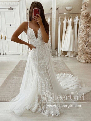 Sweetheart Neck Rustic Mermaid Wedding Dress with Detachable Tulle Train AWD1979-SheerGirl
