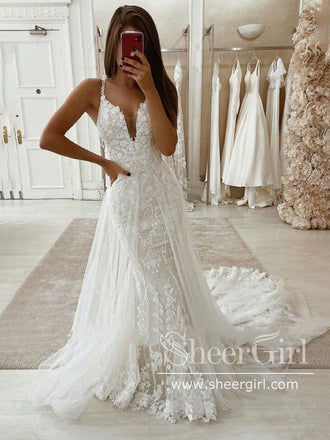 Sweetheart Neck Rustic Mermaid Wedding Dress with Detachable Tulle Train AWD1979-SheerGirl