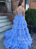 Tiered Tulle Ball Gown V Neck Floor Length Prom Dress Blue Party Dress ARD3033-SheerGirl