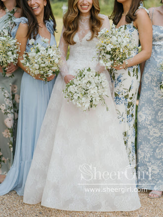 Two Pieces Lace Beach Wedding Dresses with Lace Crop Top Boho A Line Wedding Dresses AWD2034-SheerGirl