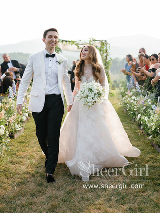 Two Pieces Lace Beach Wedding Dresses with Lace Crop Top Boho A Line Wedding Dresses AWD2034-SheerGirl