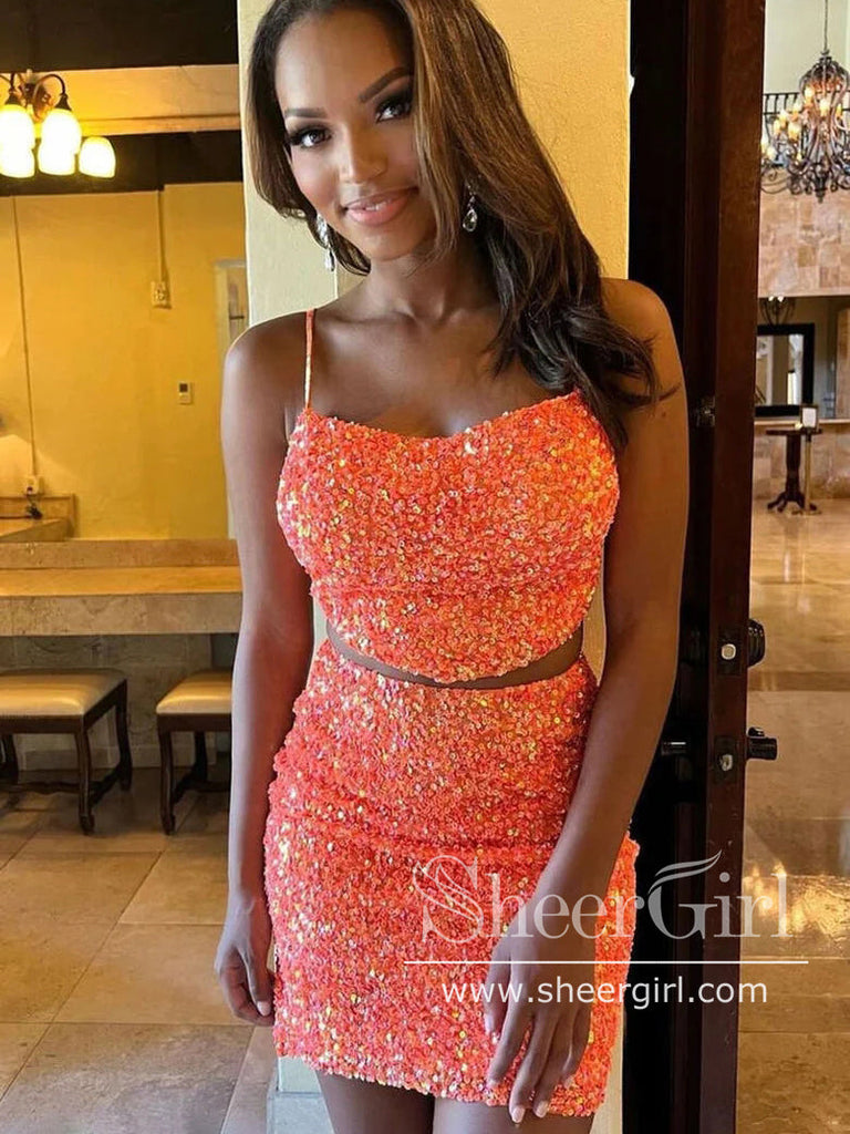 Two Pieces Sequins Homecoming Dress Orange Short Dresses Mini Cocktail Dress ARD2975-SheerGirl