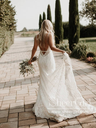 V Neck Beaded Lace Mermaid Wedding Dress Backless Wedding Gown AWD1963-SheerGirl