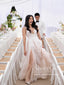 Svatební šaty z organzy s vysokým rozparkem a výstřihem do V s vysokým rozparkem Krajkové svatební šaty s průhledem AWD1960 