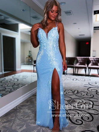 V Neck Sparkly Prom Gown 3D Flower Appliqued Prom Dress with High Slit ARD3070-SheerGirl