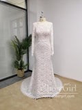 Vintage Embroidery Lace Mermaid Wedding Dresses Boho Bridal Gown with Long Sleeves AWD1770-SheerGirl