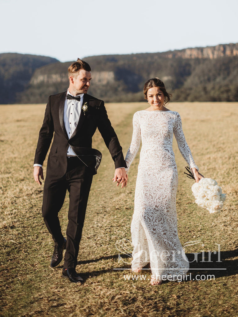 vintage boho wedding dress with sleeves Vintage Embroidery Lace Mermaid Wedding Dresses Boho Bridal Gown with Long Sleeves AWD1770