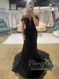 Vintage Floral Lace Off the Shoulder Prom Gown Mermaid Black Party Dress ARD3061-SheerGirl