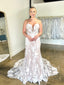 Svatební šaty s pokleslým pasem a kaskádami Nádherná krajková mořská panna s dvorním vlakem Svatební šaty AWD1675 