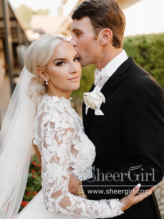 Vintage Sheath Wedding Dress High Neck Boho Rustic Lace Wedding Dresses with 3D Flowers AWD1959-SheerGirl