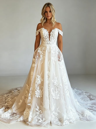 Off Shoulder Lace Short Sleeve Floral Wedding Dress White